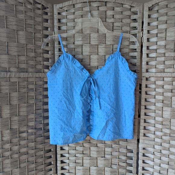 Colsie Tops - Dainty Cotton Cami Top Cornflower Blue Swiss Dot Ruffle Tie Fly Away Front Sz S